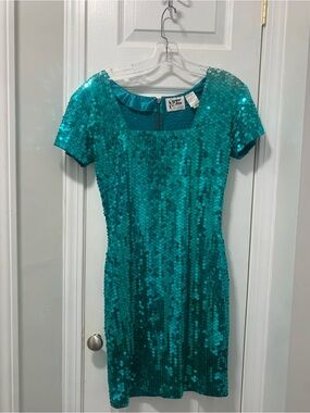 Teal Sequin Short Sleeve Sheath Dress